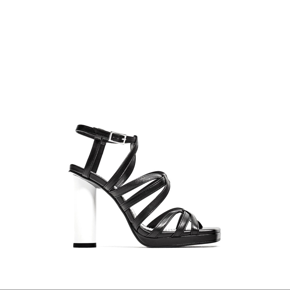 ZARA Square Toe Leather Sandal w/ Cylinder Contrasting Heel